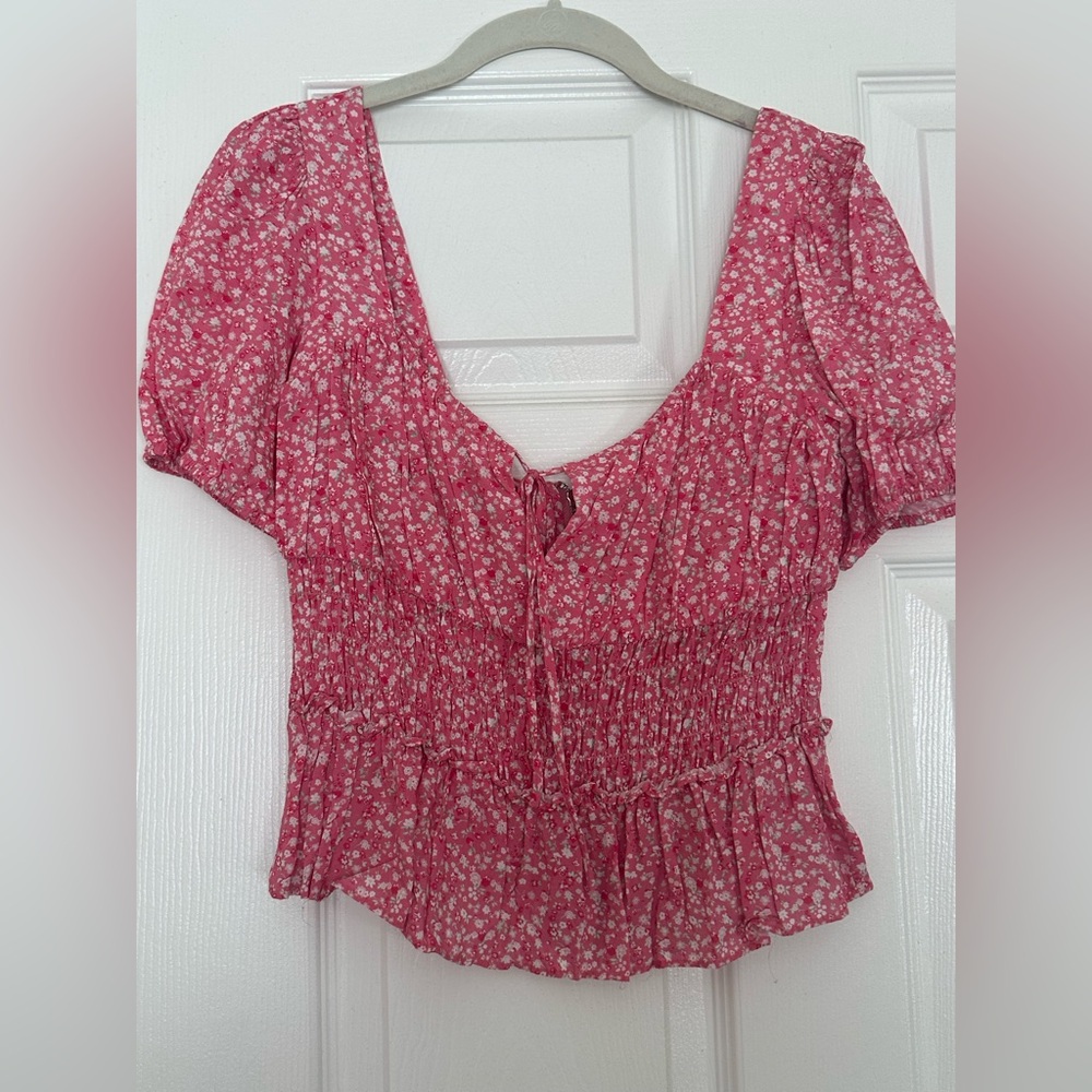 WAYF pink smocked waist cap sleeve top